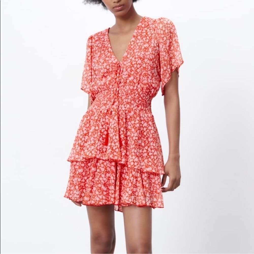 Zara flounced hem Floral Red Dress